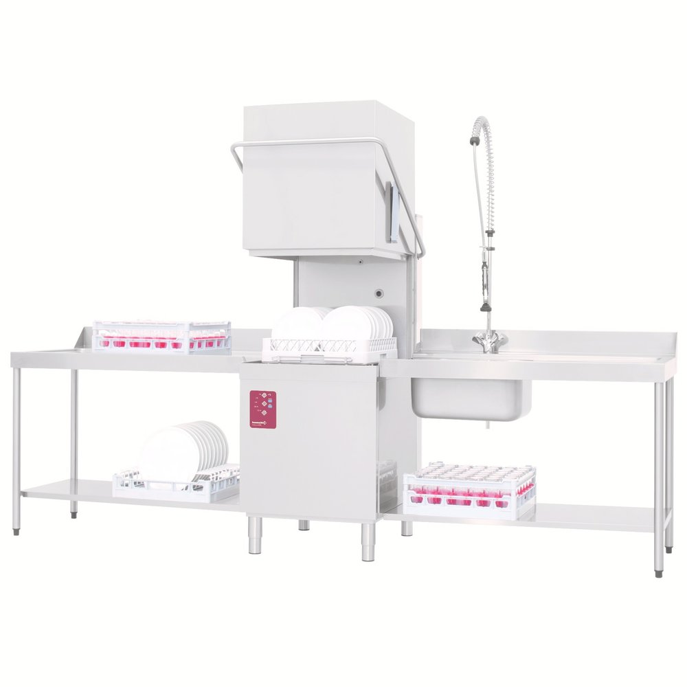 Diamond Doorschuifvaatwasser | Met Inlooptafel + Uitlooptafel + Spoeldouchekraan | 500x500mm Mand | 400v | 2620x740x1530/2010(h)mm