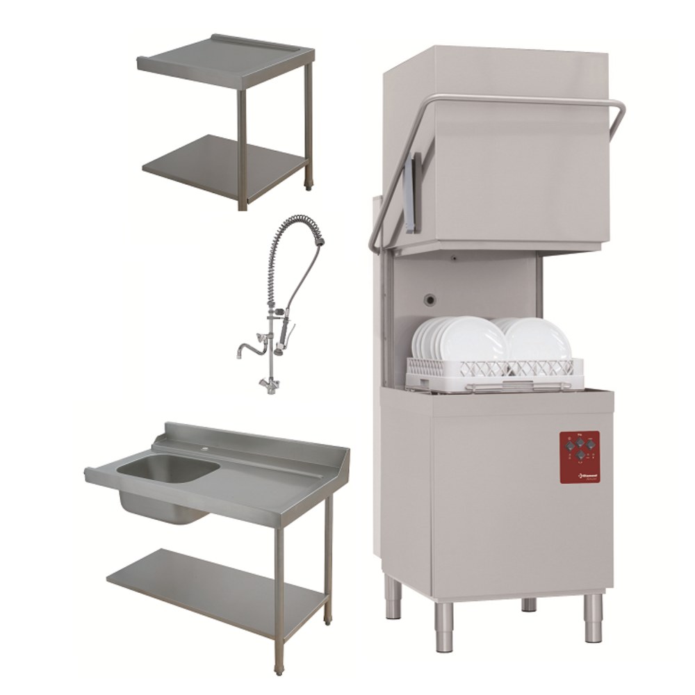 Diamond Doorschuifvaatwasser | Met Inlooptafel + Uitlooptafel + Spoeldouchekraan | 500x500mm Mand | 400v | 2620x740x1530/2010(h)mm