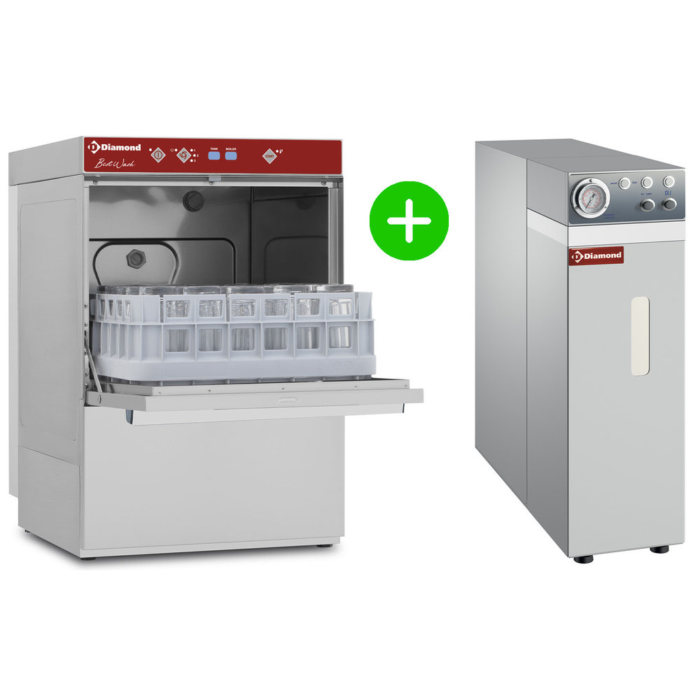 Diamond Glazenspoelmachine + Osmose | Mand 400x400 | Afvoerpomp | Zeeppomp | Naglanspomp | Breaktank | 230v | Dubbelwandig | 465x550x710(h)mm