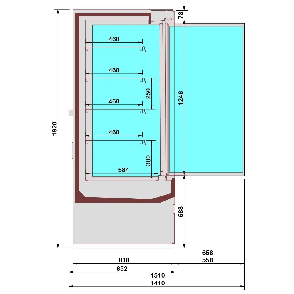 Diamond Wandkoeling | Rimini Line | Zwart | +1°c/+7°c | Statisch + Ventilator | Open | Intern Nachtgordijn | 2562x852x1500(h)mm