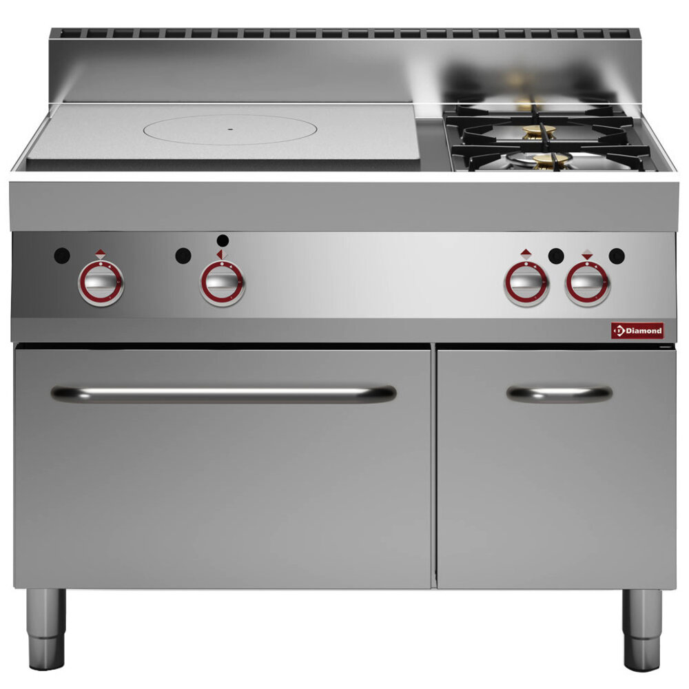 Diamond Fornuis/doorkookplaat + Heteluchtoven | Alpha 650 | Gas | 2 Branders + Plaat | 21.8kw | Neutraal Vak (1/1 Gn) | 1100x650x850/950(h)mm