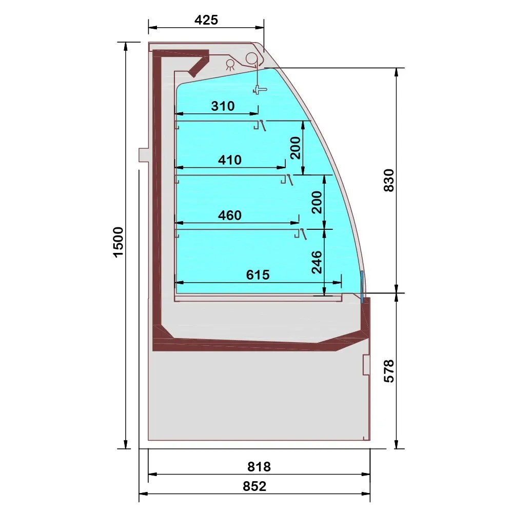 Diamond Wandkoeling | Rimini Line | Zwart | +1°c/+7°c | Statisch + Ventilator | Open | Intern Nachtgordijn | 1937x852x1500(h)mm