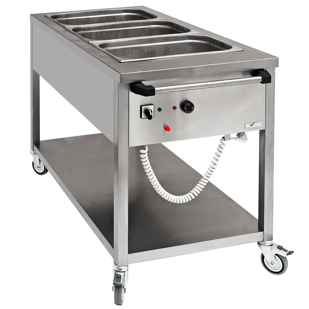 Diverso by Diamond Bain-marie Wagen | Elektrisch | 3x 1/1 GN | 0°c/90°c | 1.75kw (230v) | Aftapkraan | 1240x660x870(h)mm