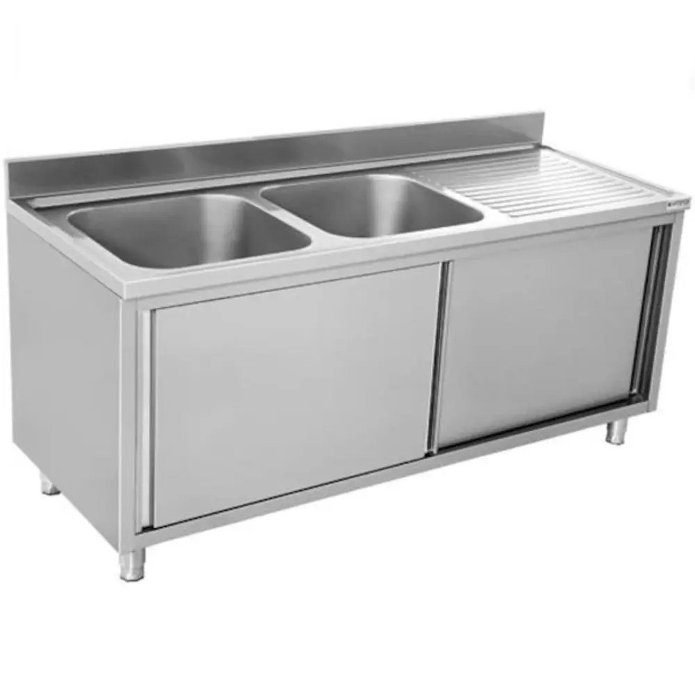 Unninox Spoelwerktafel | Rvs | Rechts 2 Spoelbakken + Bodemschap | Zelfmontage | Achteropstand | 2000x700x850(h)mm