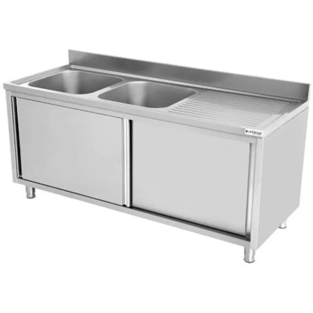 Unninox Spoelwerktafel | Rvs | Rechts 2 Spoelbakken + Bodemschap | Zelfmontage | Achteropstand | 2000x700x850(h)mm