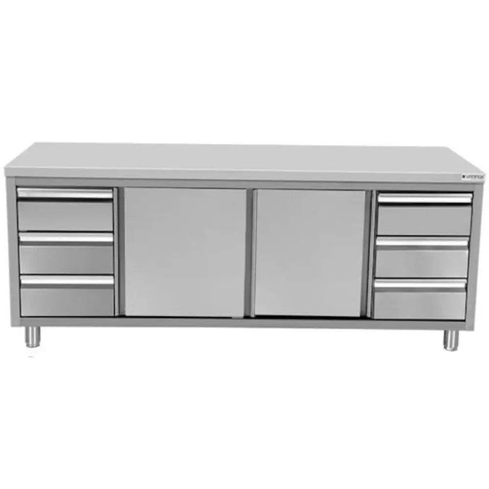 Unninox Rvs Werkbank Met Opstaande Rand 2 Schuifdeuren & 3+3 Lades 1/1 GN | 2400x700x850(h)mm