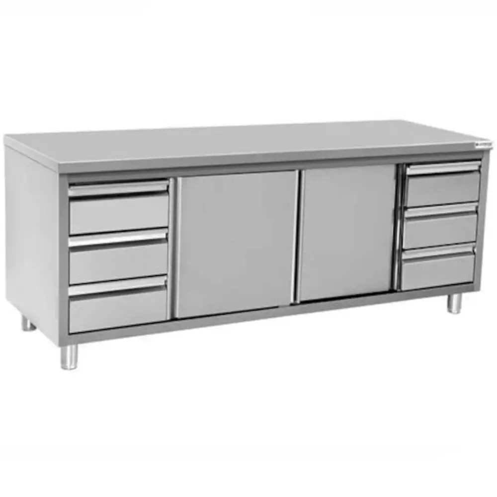 Unninox Rvs Werkbank Met Opstaande Rand 2 Schuifdeuren & 3+3 Lades 1/1 GN | 1800x700x850(h)mm