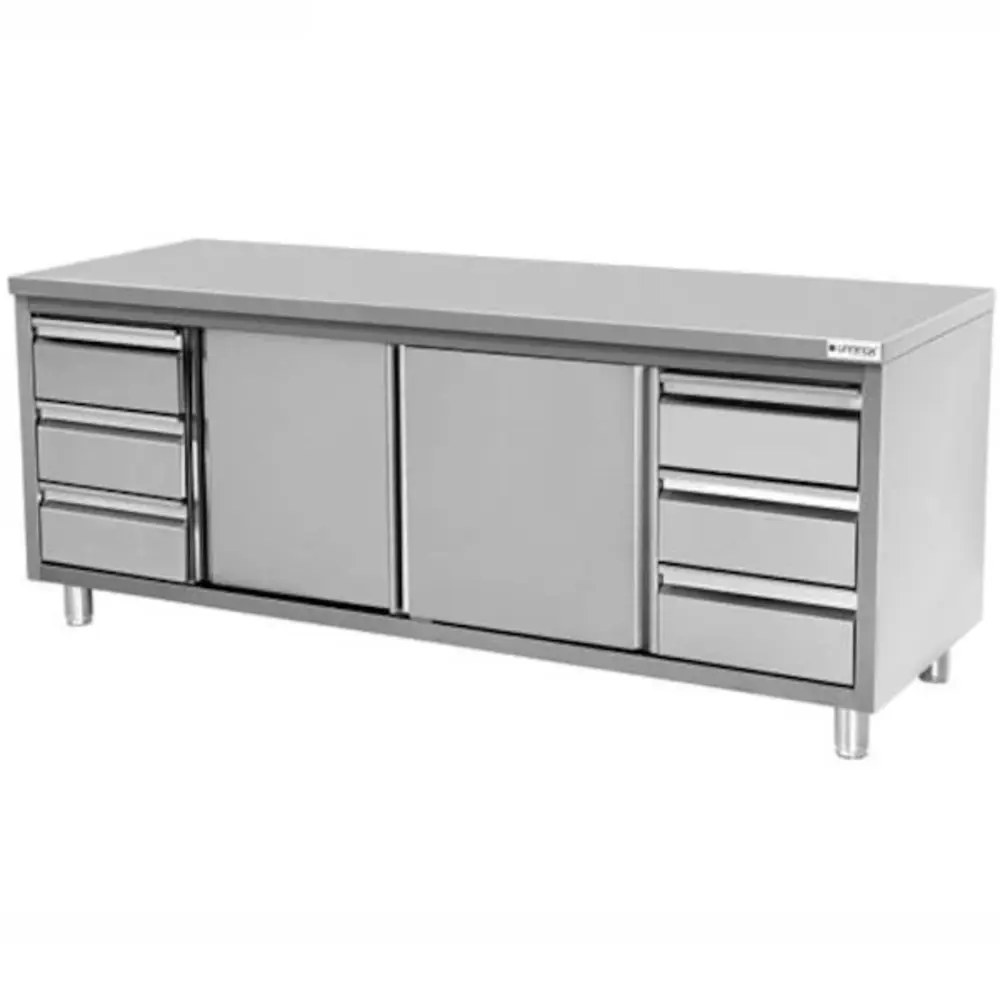 Unninox Rvs Werkbank Met Opstaande Rand 2 Schuifdeuren & 3+3 Lades 1/1 GN | 1800x700x850(h)mm