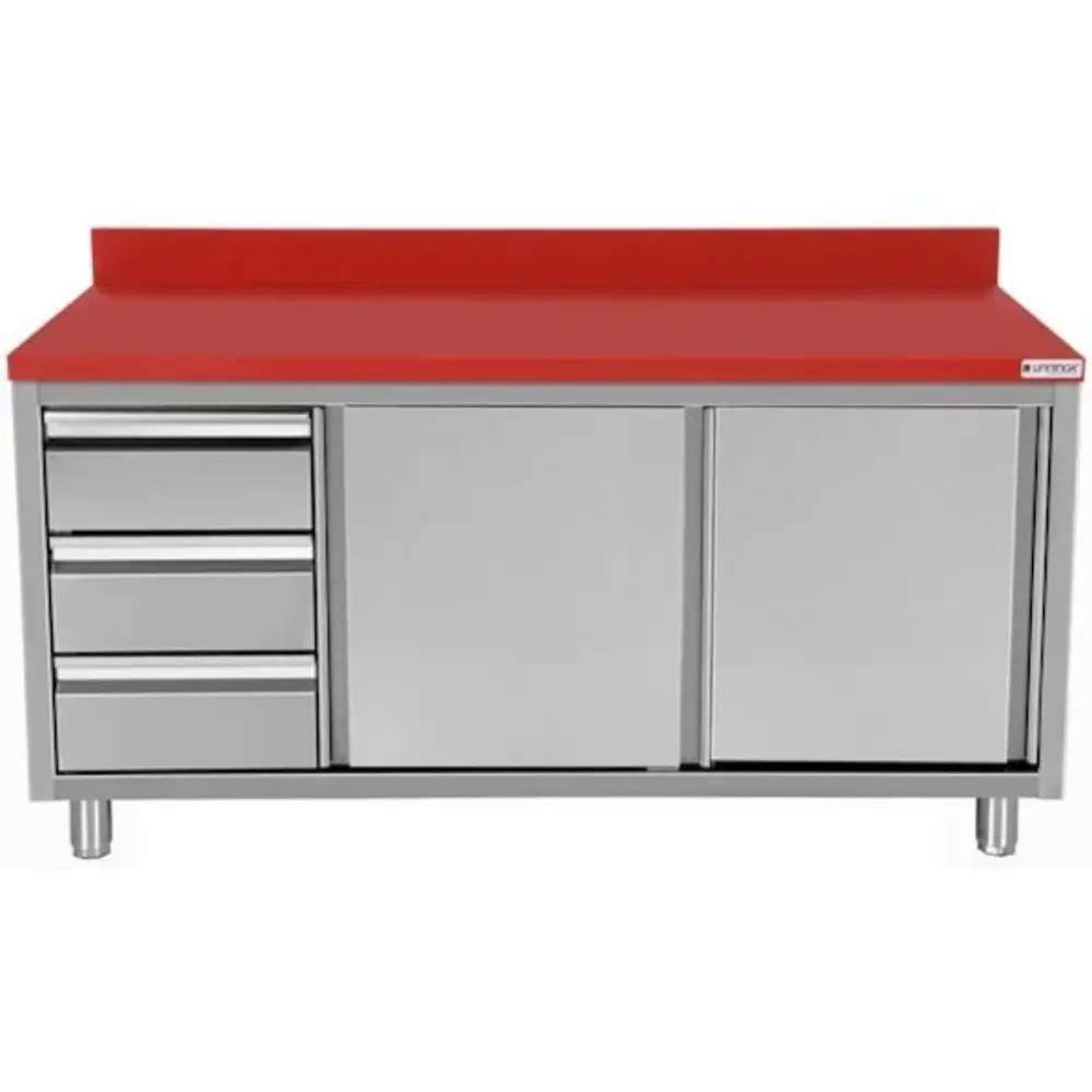 Unninox Snijwerktafel | Rvs/polyethyleen | Schuifdeuren + Laden (rechts) | Diepte 700 | Hoogte 850/900 | Breedte 1200-2000 | Achteropstand