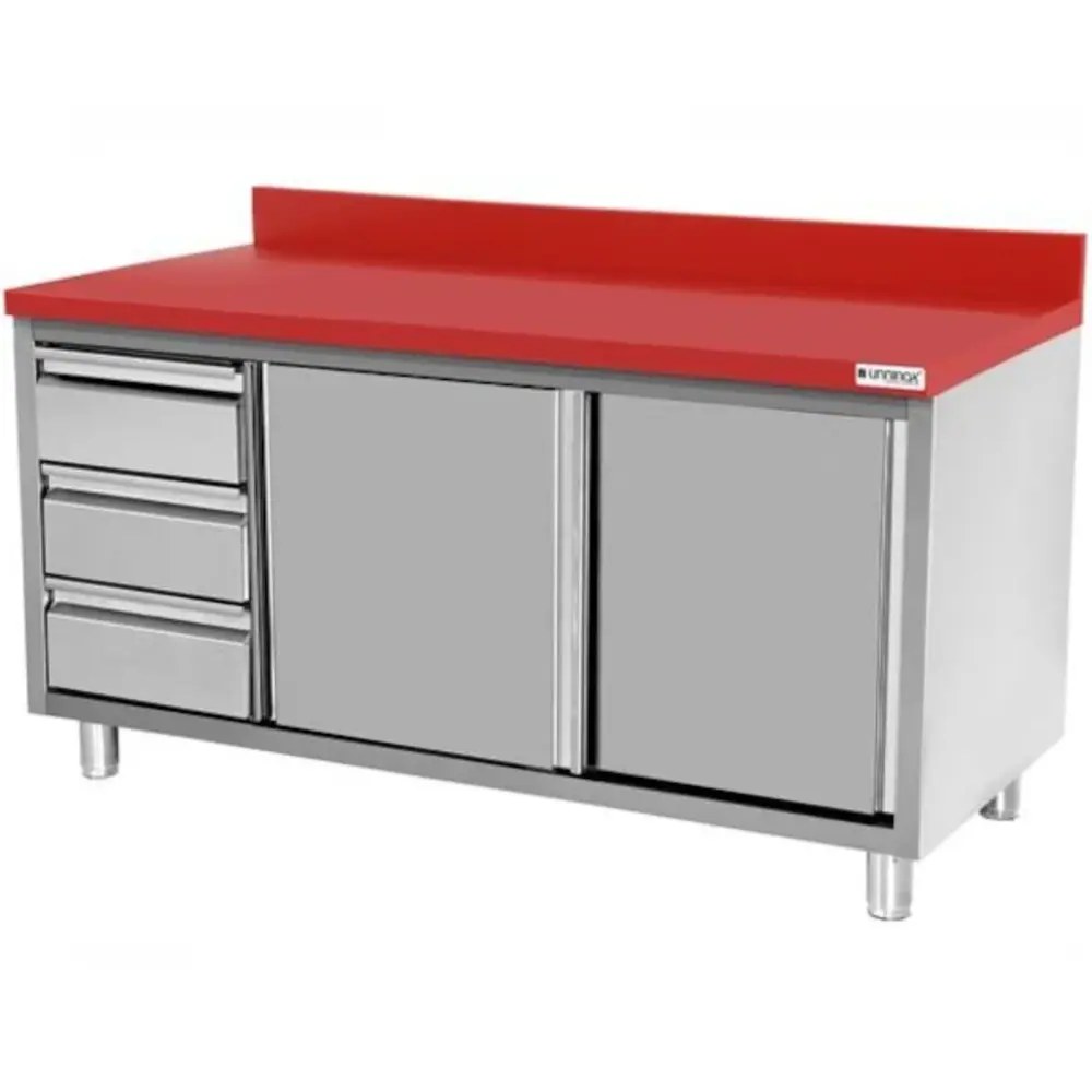 Unninox Snijwerktafel | Rvs/polyethyleen | Schuifdeuren + Laden (rechts) | Diepte 700 | Hoogte 850/900 | Breedte 1200-2000 | Achteropstand