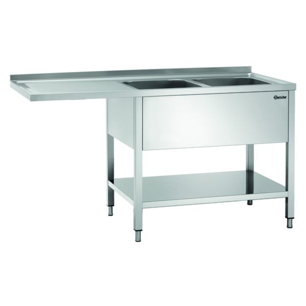 Bartscher Rvs Spoelwerktafel Met 2 Spoelbakken Rechts en Bodemschap | Achteropstand en Ruimte Voor de Vaatwasser | 1600x700x850(h)mm