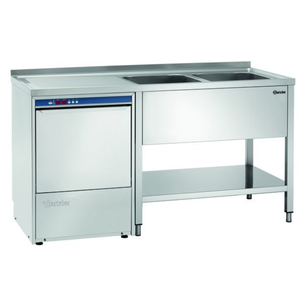 Bartscher Rvs Spoelwerktafel Met 2 Spoelbakken Rechts en Bodemschap | Achteropstand en Ruimte Voor de Vaatwasser | 1600x700x850(h)mm