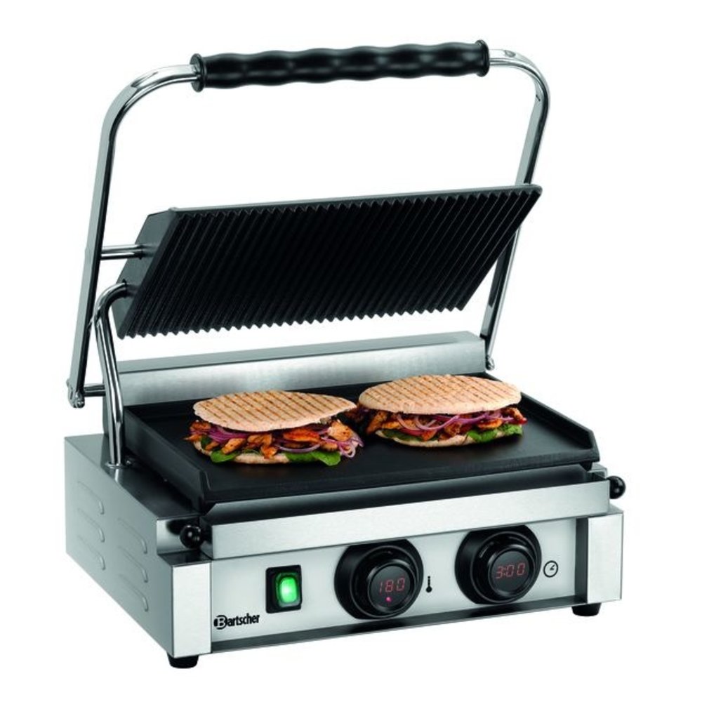 Bartscher Contact/paninigrill Mdi 1gr | Geribbeld/glad | 2.2kw | Grillplaten Gietijzer/geëmailleerd | 410x400x200(h)mm