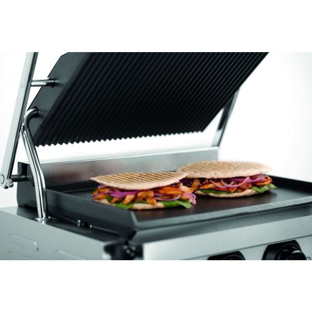 Bartscher Contact/paninigrill Mdi 1gr | Geribbeld/glad | 2.2kw | Grillplaten Gietijzer/geëmailleerd | 410x400x200(h)mm