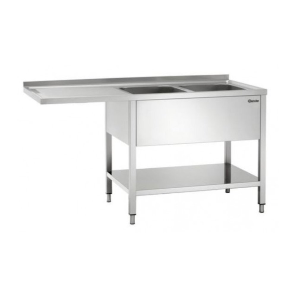 Bartscher Rvs Spoelwerktafel Met 2 Spoelbakken Rechts en Bodemschap | Achteropstand en Ruimte Voor Vaatwasser | 1800x700x850(h)mm