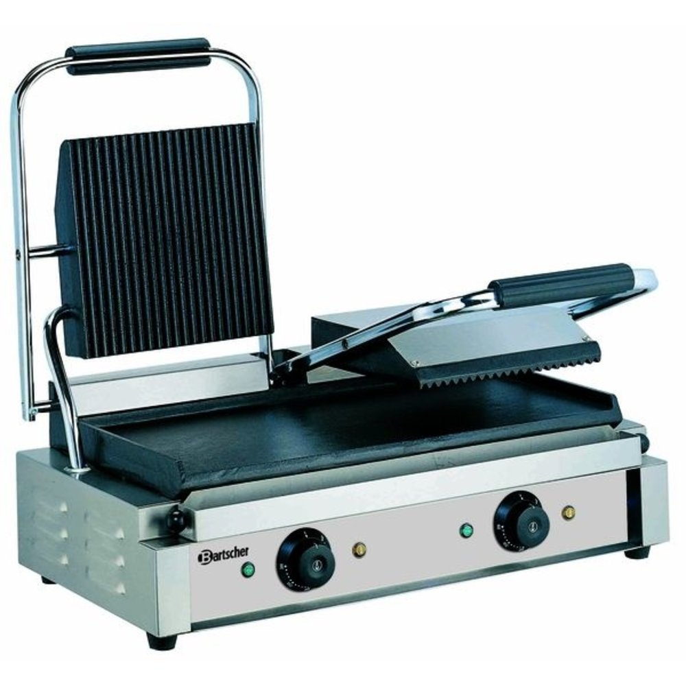 Bartscher Contactgrill 3600 2gr | Geribbeld/glad | 3.6 kW | Grillplaten Gietijzer/geëmailleerd | 570x395x210(h)mm