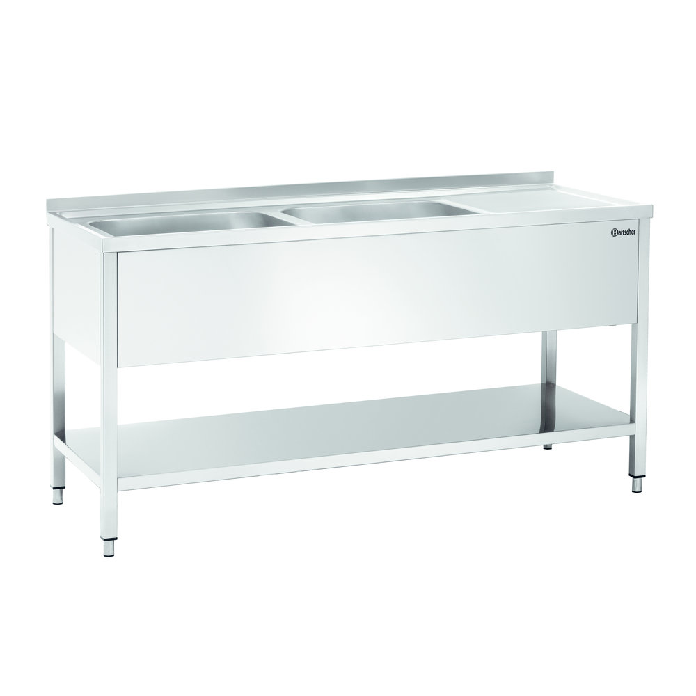 Bartscher Rvs Spoelwerktafel Met 2 Spoelbakken Links en Bodemschap + Achteropstand | 1600x700x850(h)mm
