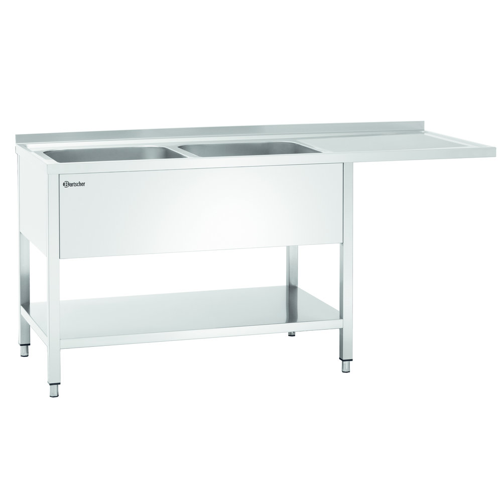 Bartscher Rvs Spoelwerktafel Met 2 Spoelbakken Links en Bodemschap | Achteropstand en Ruimte Voor Vaatwasser | 1800x700x850(h)mm