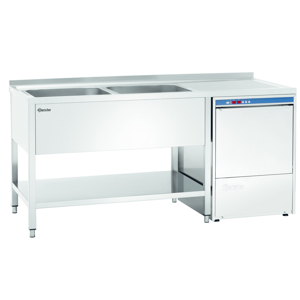 Bartscher Rvs Spoelwerktafel Met 2 Spoelbakken Links en Bodemschap | Achteropstand en Ruimte Voor Vaatwasser | 1800x700x850(h)mm