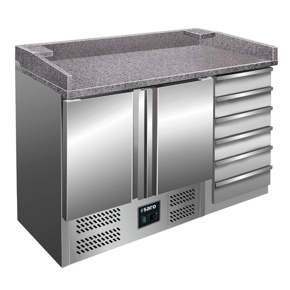 Saro Pizzawerkbank | 257l | 2 Deuren (1/1 Gn) + 6 Deegladen (en600x400) | +2°c/+8°c | Statisch + Ventilator | 1420x700x880/1060(h)mm