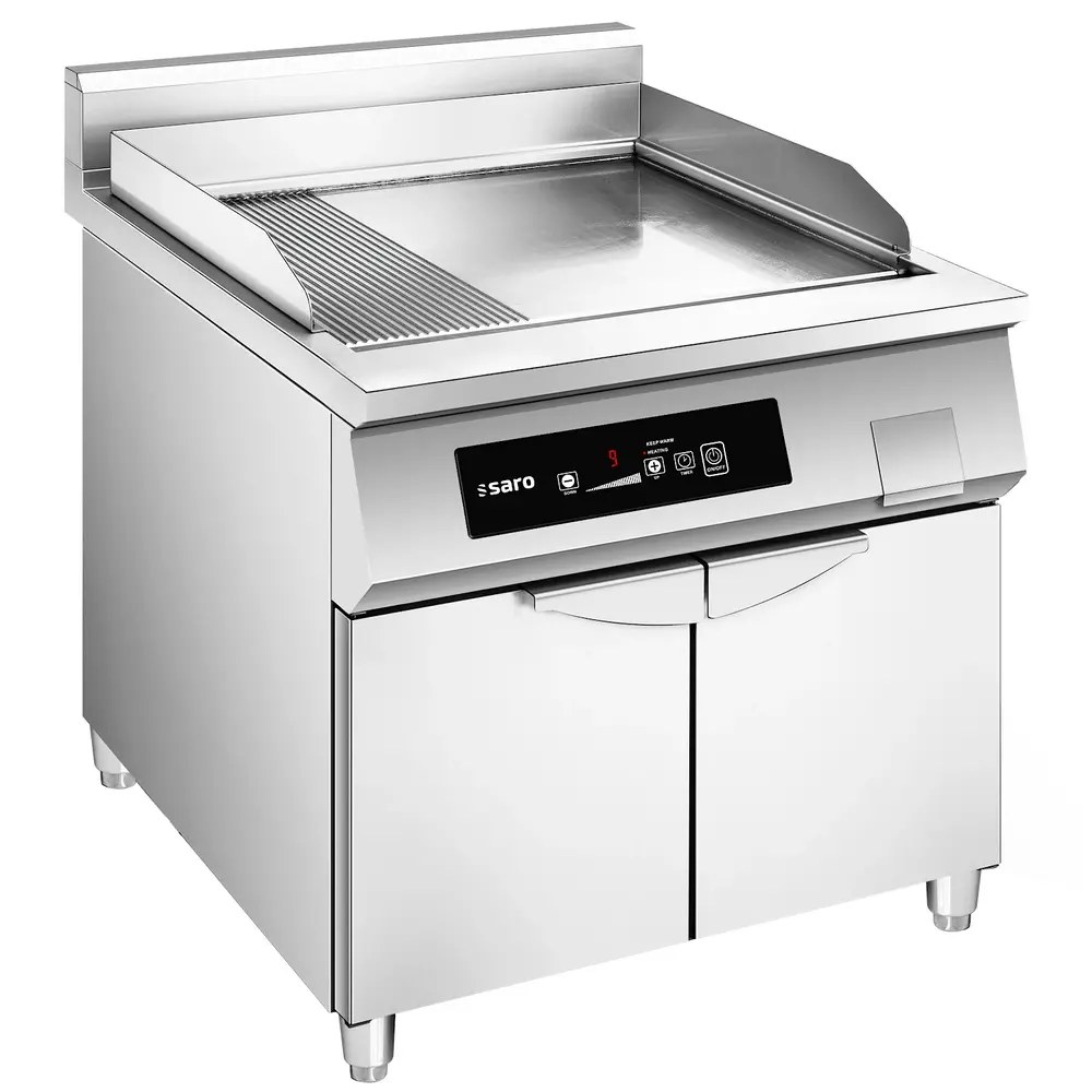 Saro Inductie Bak-/grillplaat | Brooklyn | Glad/gegroefd Oppervlak 650x450 (rvs) | 80°c/300°c | 10kw (400v) | Gesloten Onderkast | 800x700x880/980(h)mm