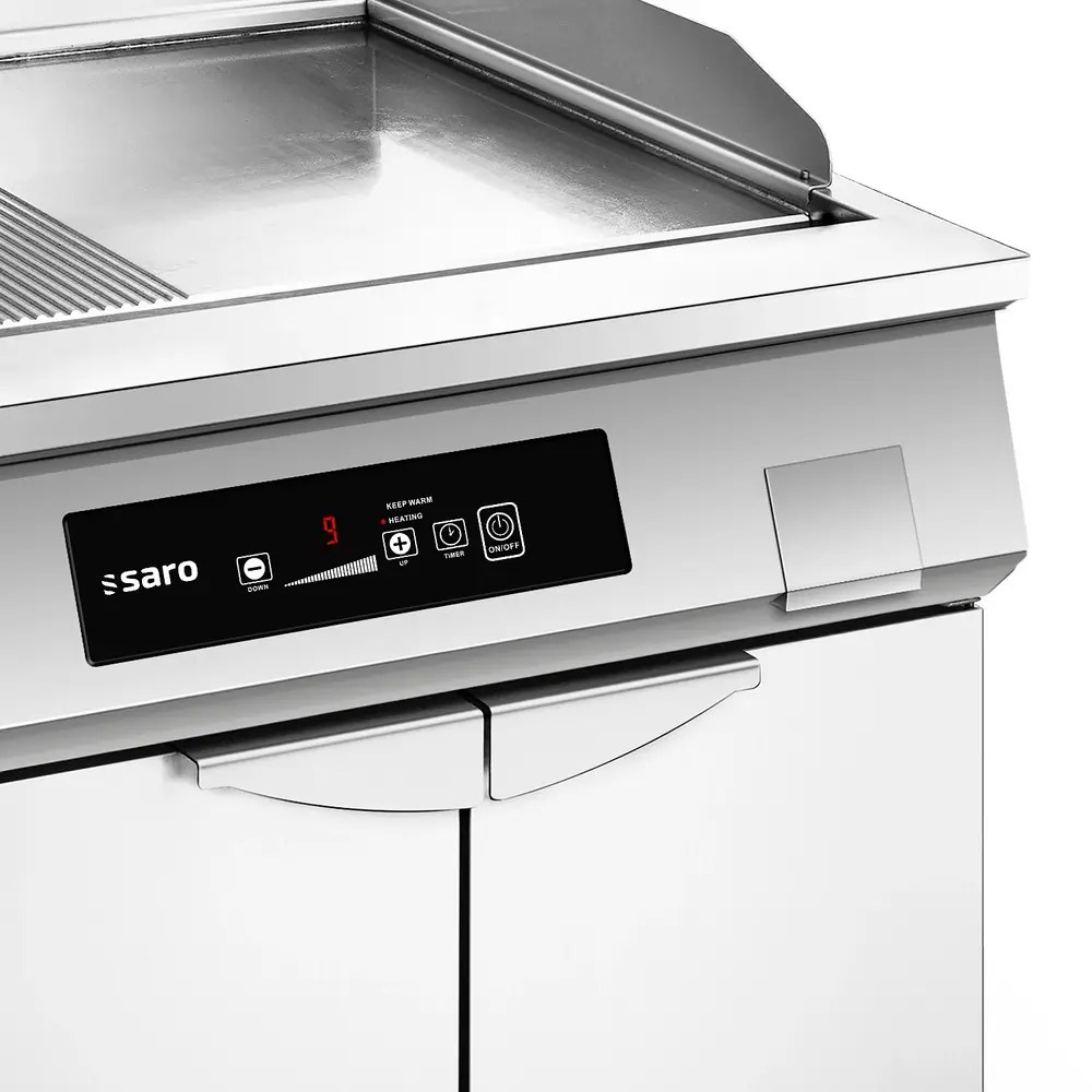 Saro Inductie Bak-/grillplaat | Brooklyn | Glad/gegroefd Oppervlak 650x450 (rvs) | 80°c/300°c | 10kw (400v) | Gesloten Onderkast | 800x700x880/980(h)mm
