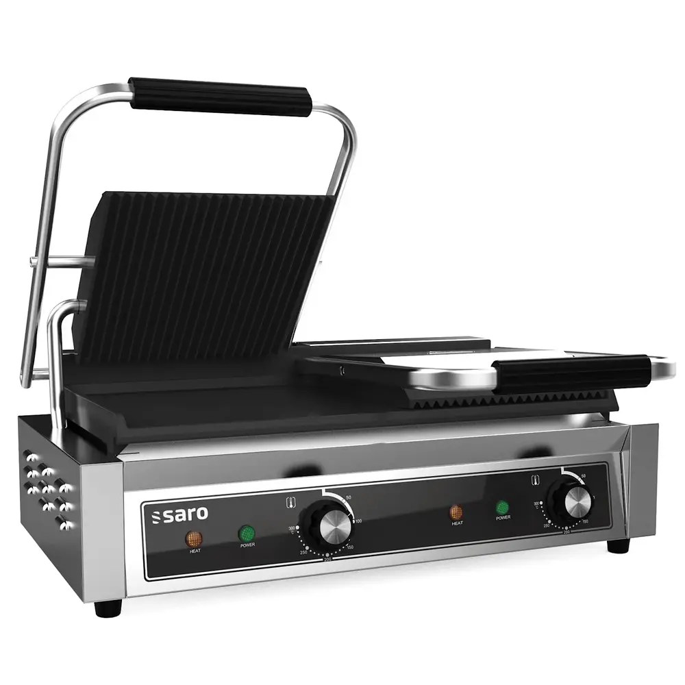 Saro Contact-/paninigrill | Pg-serie | Dubbel | Glad/gegroefd Oppervlak 480x230 (gietijzer) | 50°c/300°c | 3.6kw (230v) | 580x384x203(h)mm