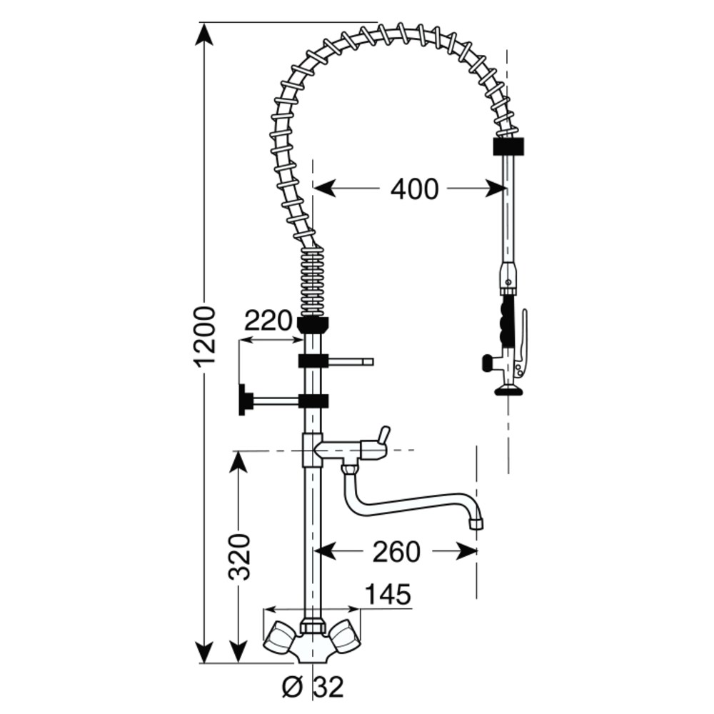 Gastro-inox Monobloc Voorspoeldouche | High Performance | Draaiknoppen & Zwenkkraan | 1200mm Hoog | Verchroomd Koper