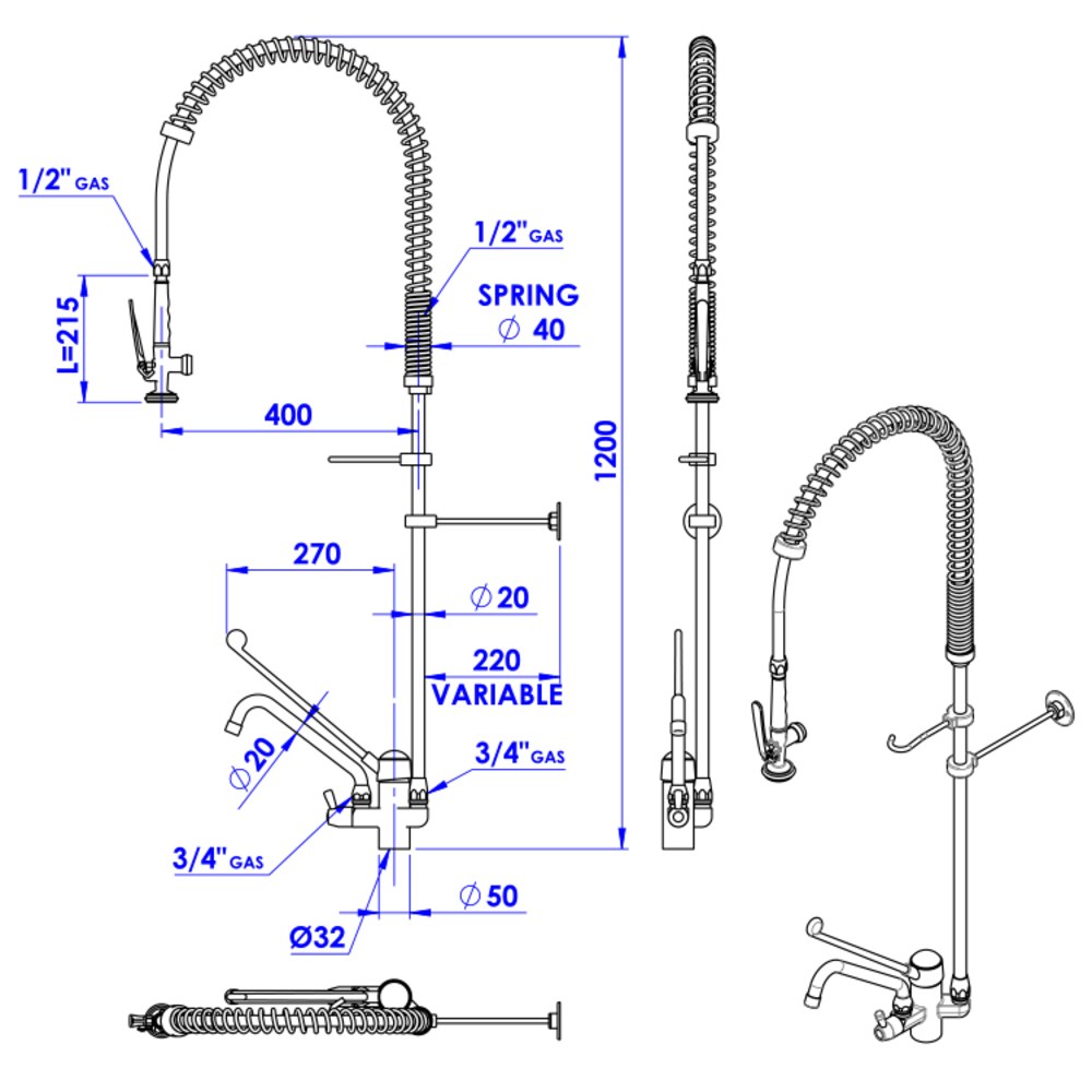 Gastro-inox Gastro-inox Monobloc Voorspoeldouche Met Handsfree en Zwenkkraan Van 250mm | Totale Hoogte 1200mm | Verchroomd Koper