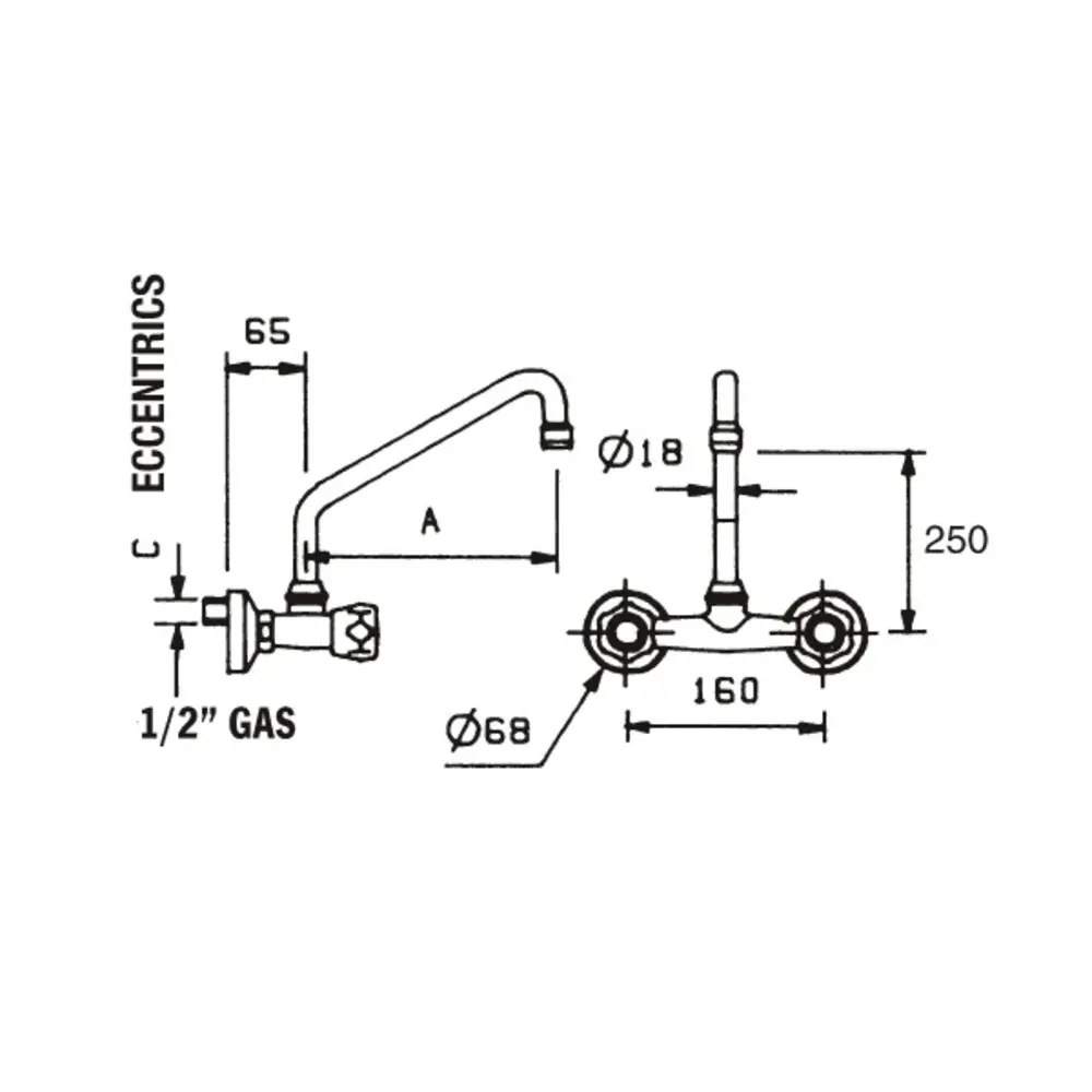 Gastro-inox Duobloc Hoog Muurmodel 18(ø)mm Mengkraan | Verchroomd Koper | 250(h)mm