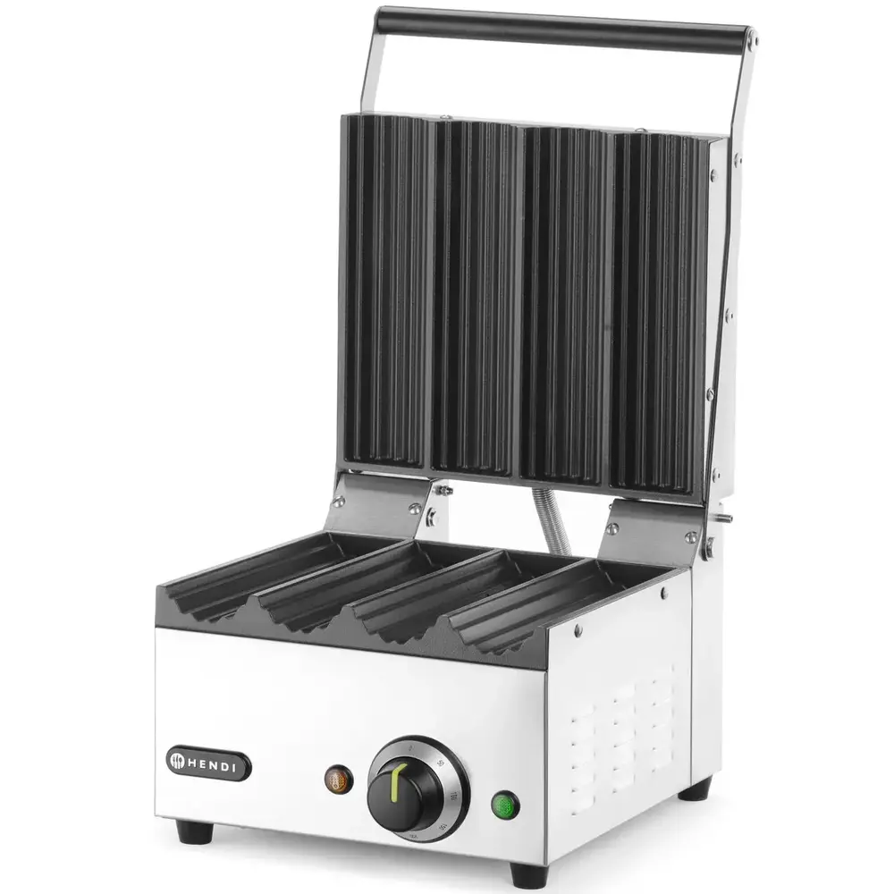 Hendi Hotdog Contactgrill | Enkel | Gegroefd Oppervlak 270x250 (gietijzer) | 50°c/300°c | 1.8kw (230v) | 385x285x254(h)mm