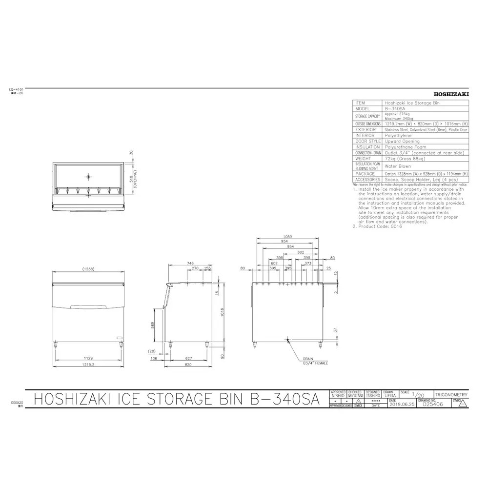 Hoshizaki Ijsblokjesbunker | 340kg | 1219x820x1016/1136(h)mm