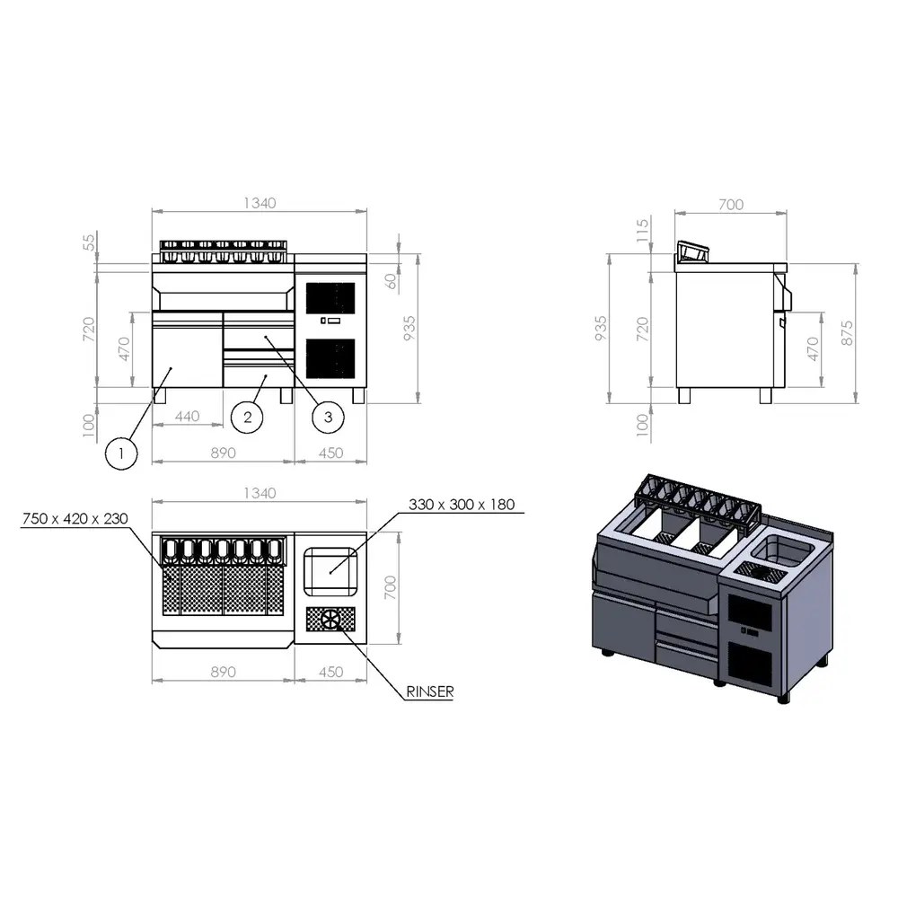 Combisteel Bar-/cocktailstation (gekoeld) | Rvs | 3 Gekoelde Laden (-1°c/+8°c) | Spoelbak + Glazenspoeler | Ijs-/ingrediëntenbakken + Flessenrek + Gn-bakhouder | Achteropstand | 1340x700x875/990(h)mm