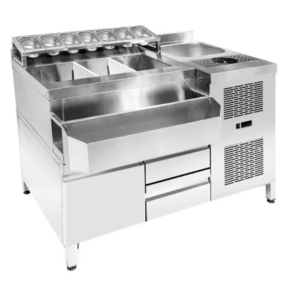 Combisteel Bar-/cocktailstation (gekoeld) | Rvs | 3 Gekoelde Laden (-1°c/+8°c) | Spoelbak + Glazenspoeler | Ijs-/ingrediëntenbakken + Flessenrek + Gn-bakhouder | Achteropstand | 1340x700x875/990(h)mm