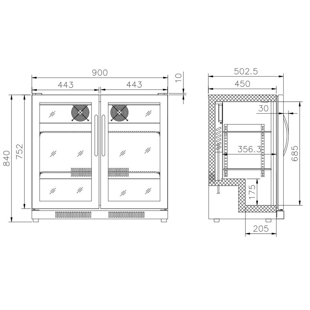 Combisteel Barkoeler Zwart 198l | 2 Volledige Glasdeuren | 230v | Geforceerd | 900x500x840(h)mm