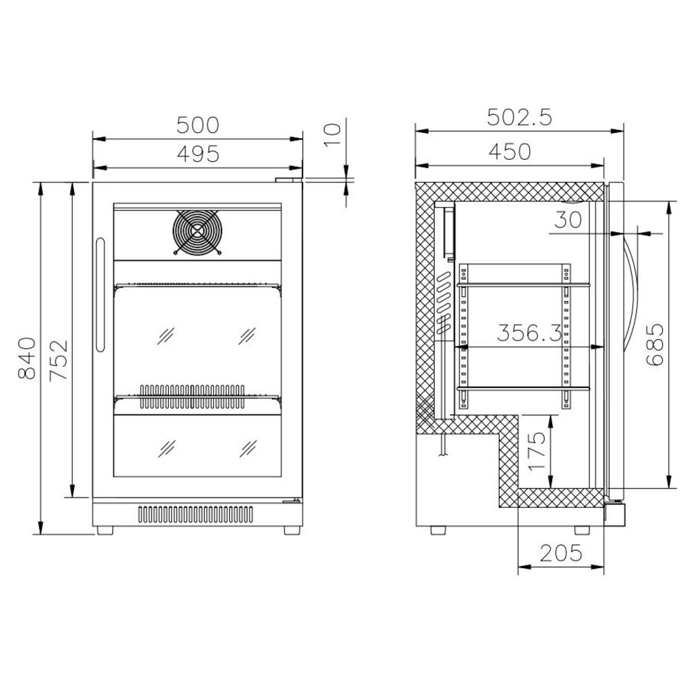 Combisteel Barkoeler Zwart 98l | 1 Volledige Glasdeur | 230v | Geforceerd | 500x500x840(h)mm