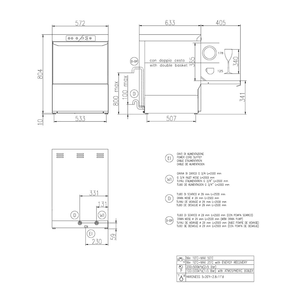 Combisteel Horeca Vaatwasser | Standard Line | Mand 500x500 | Afvoerpomp | Zeeppomp | Naglanspomp | 230v | 572x630x814(h)mm