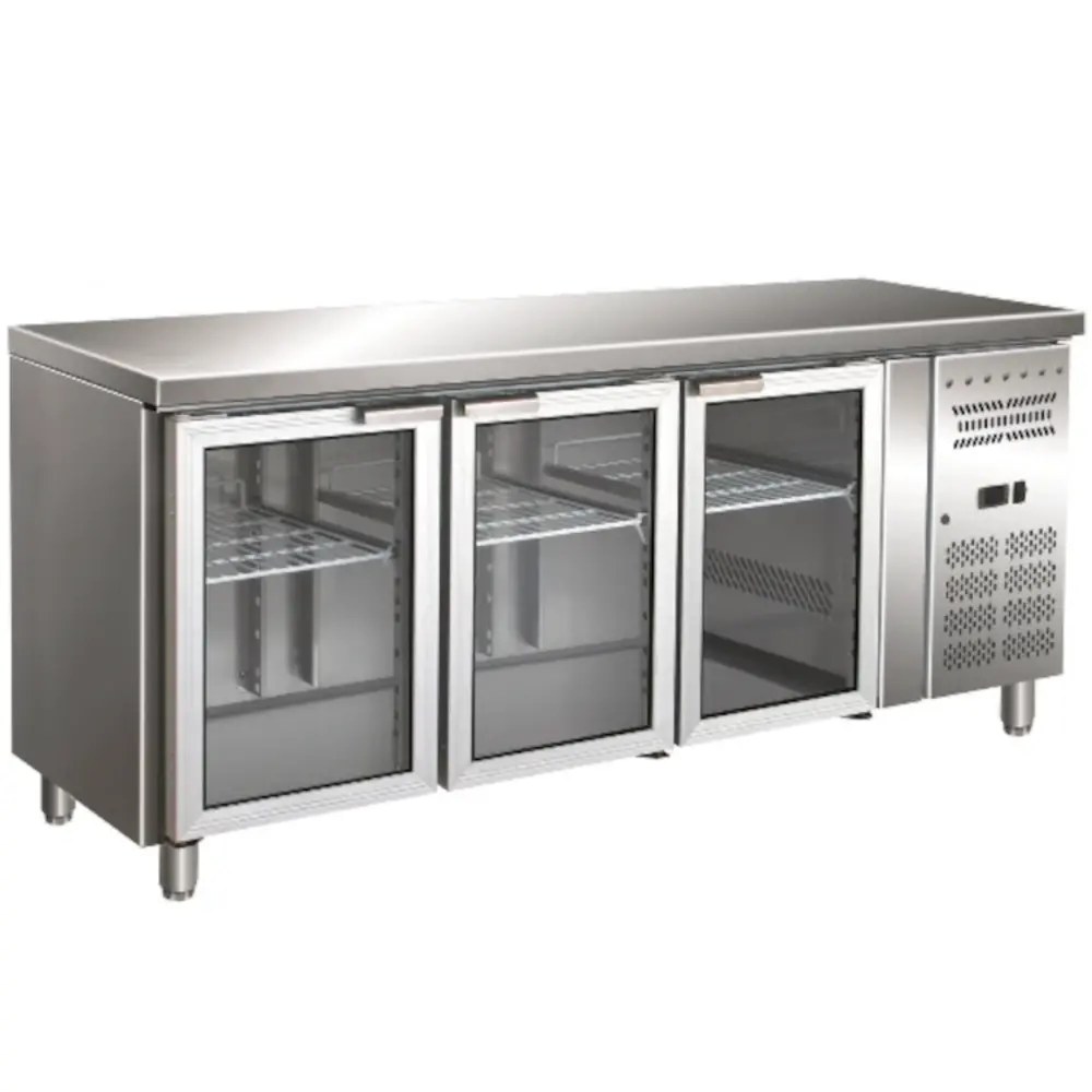 Gastro-inox Koelwerkbank | 465l | 3 Glasdeuren (1/1 Gn) | +2°c/+8°c | Geforceerd | 1795x700x860(h)mm