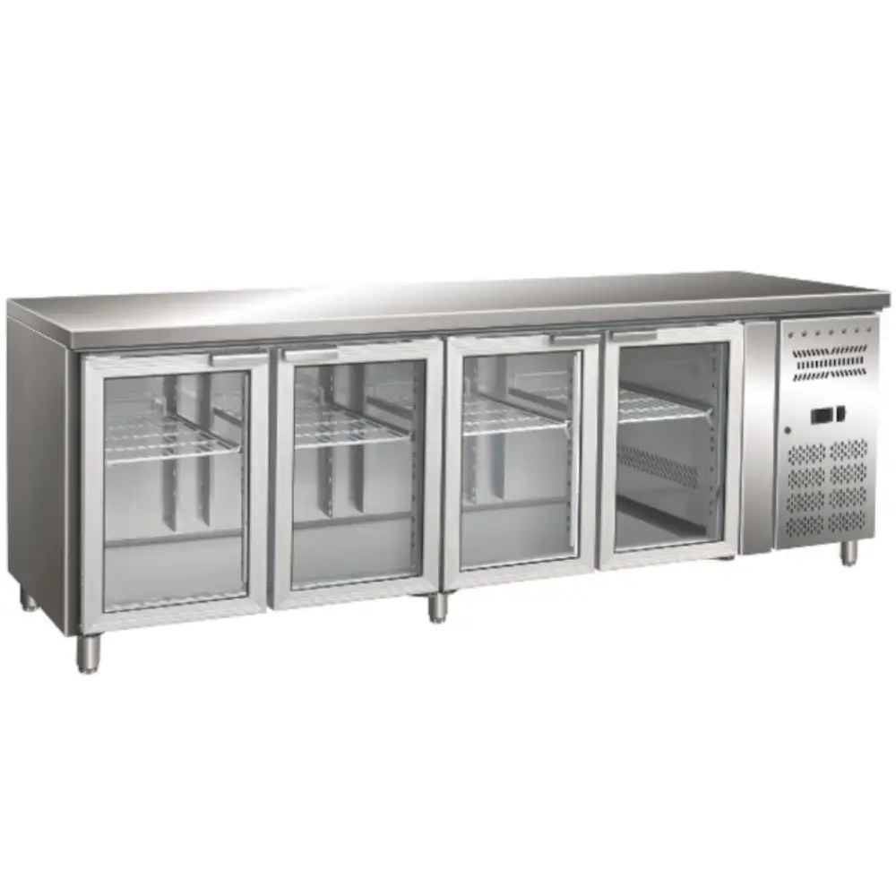Gastro-inox Koelwerkbank | 616l | 4 Glasdeuren (1/1 Gn) | +2°c/+8°c | Geforceerd | 2230x700x860(h)mm