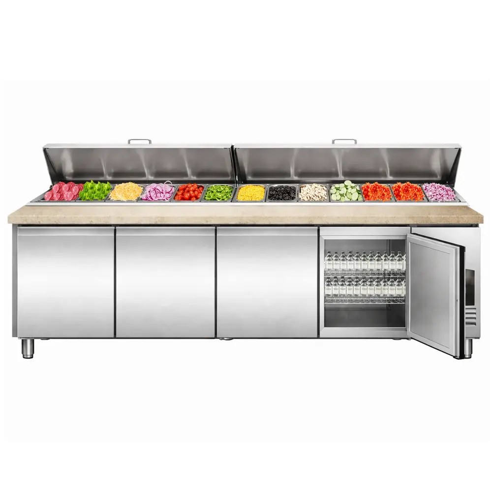 Combisteel Pizzawerkbank | 943l | 4 Deuren (en600x400) | Boven 12x 1/3 GN | +2°c/+8°c | Geforceerd | 2528x800x890/1040(h)mm