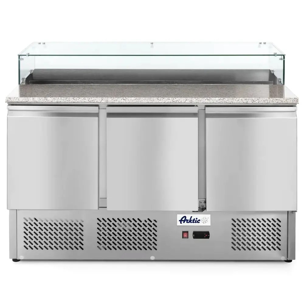 Arktic by Hendi Pizzawerkbank | Kitchenline | 380l | 3 Deuren (1/1 Gn) | Boven 8x 1/6 GN | -2°c/+8°c | Geforceerd | 0.31kw | 1365x700x880/1100(h)mm