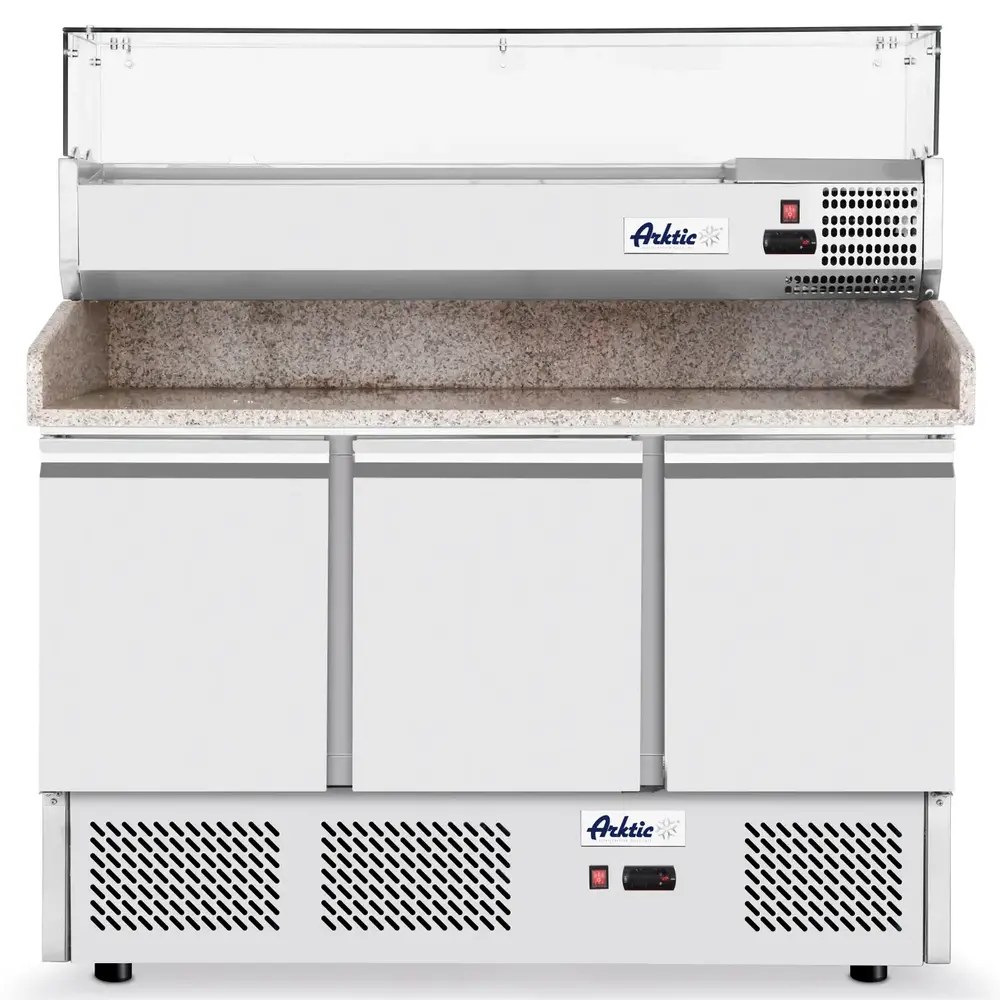 Arktic by Hendi Pizzawerkbank + Opzetkoelvitrine | Kitchenline | 380l | 3 Deuren (1/1 Gn) | Boven 6x 1/6 GN | -2°c/+8°c | Geforceerd | 0.4kw | 1365x700x880/1285(h)mm