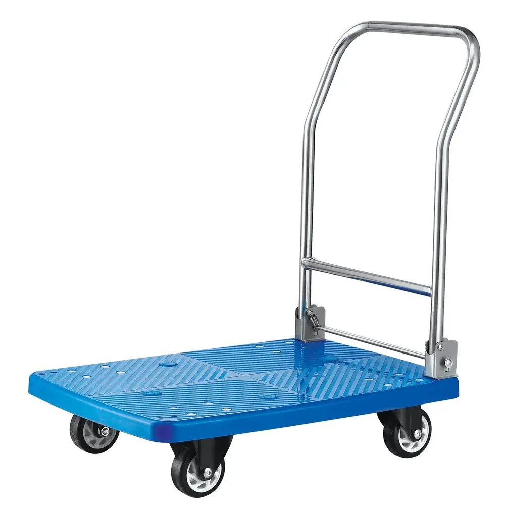 Hendi Platformwagen | Kunststof | Max. 150kg | Wielen (geremd) + Duwbeugel (inklapbaar) | 730x480x825(h)mm