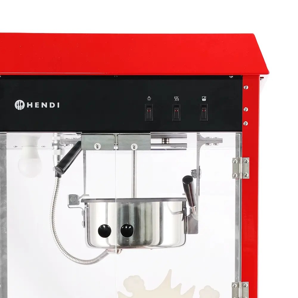 Hendi Popcornmachine + Onderstel | Rood | 1.16kw (230v) | Interne Verlichting | Wielen (geremd) | 940x510x1553(h)mm