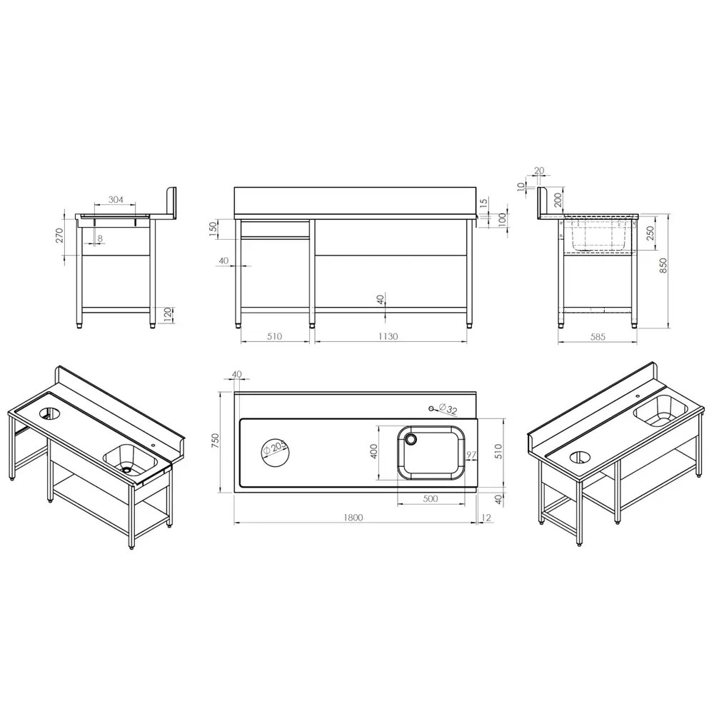 Mastro Aanvoertafel (rechts) | Rvs | 1 Spoelbak (links) | Bodemschap | Achteropstand | 1800x770x850/1050(h)mm
