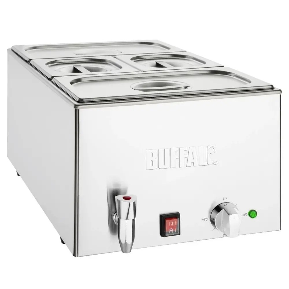 Buffalo Bain-marie | Elektrisch | 2x 1/3 GN + 2x 1/6 GN | 30°c/90°c | 1.2kw (230v) | Aftapkraan | Incl. Gn-bakken | 432x645x327(h)mm