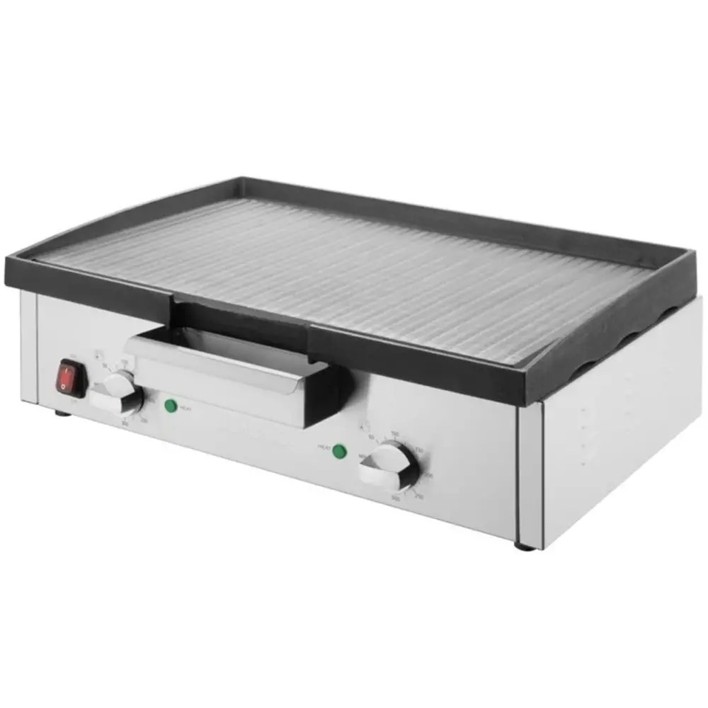 Buffalo Bak-/grillplaat | Elektrisch | Gegroefd Oppervlak 555x264 (gietijzer) | 50°c/300°c | 3kw (230v) | Timer | 615x466x207(h)mm