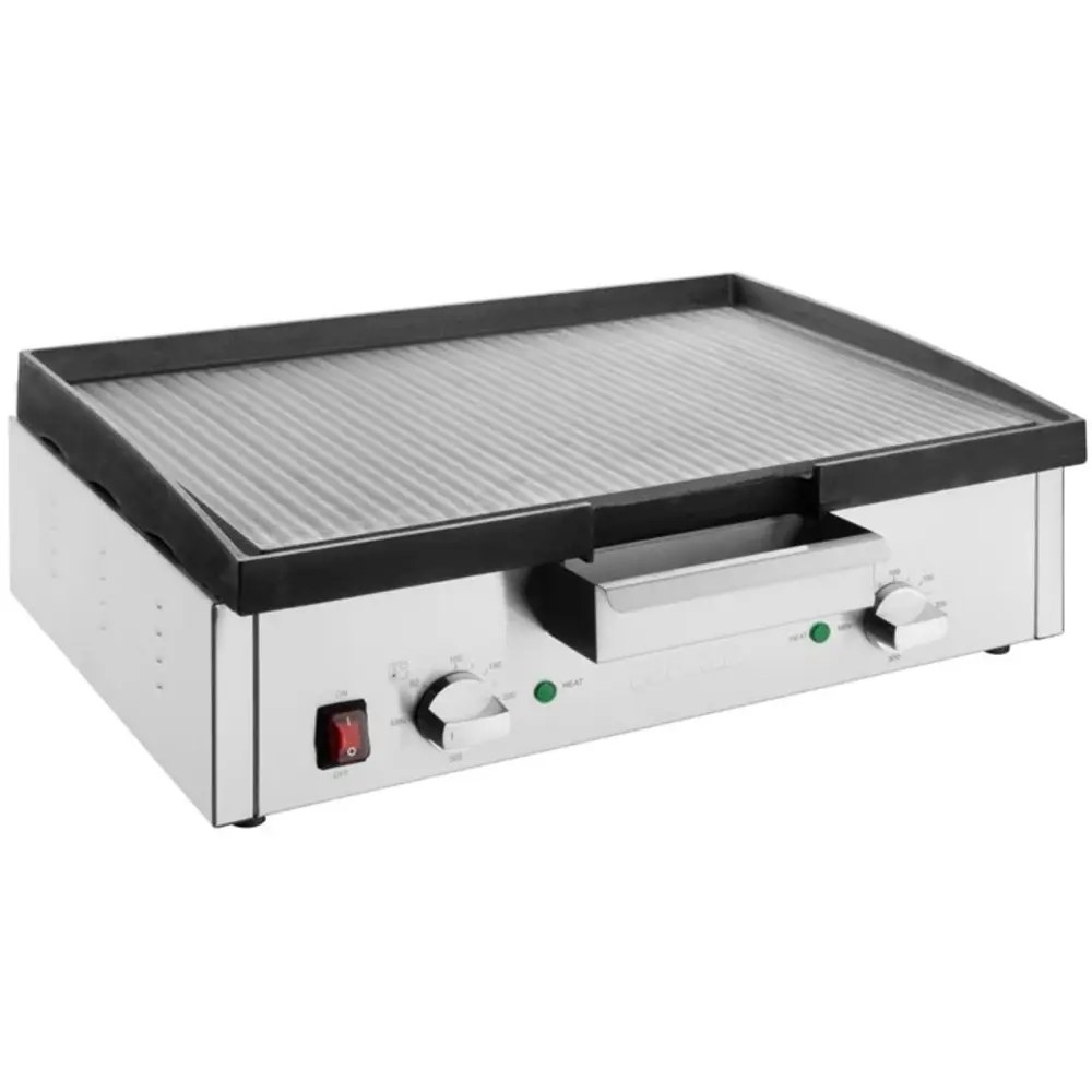 Buffalo Bak-/grillplaat | Elektrisch | Gegroefd Oppervlak 555x264 (gietijzer) | 50°c/300°c | 3kw (230v) | Timer | 615x466x207(h)mm