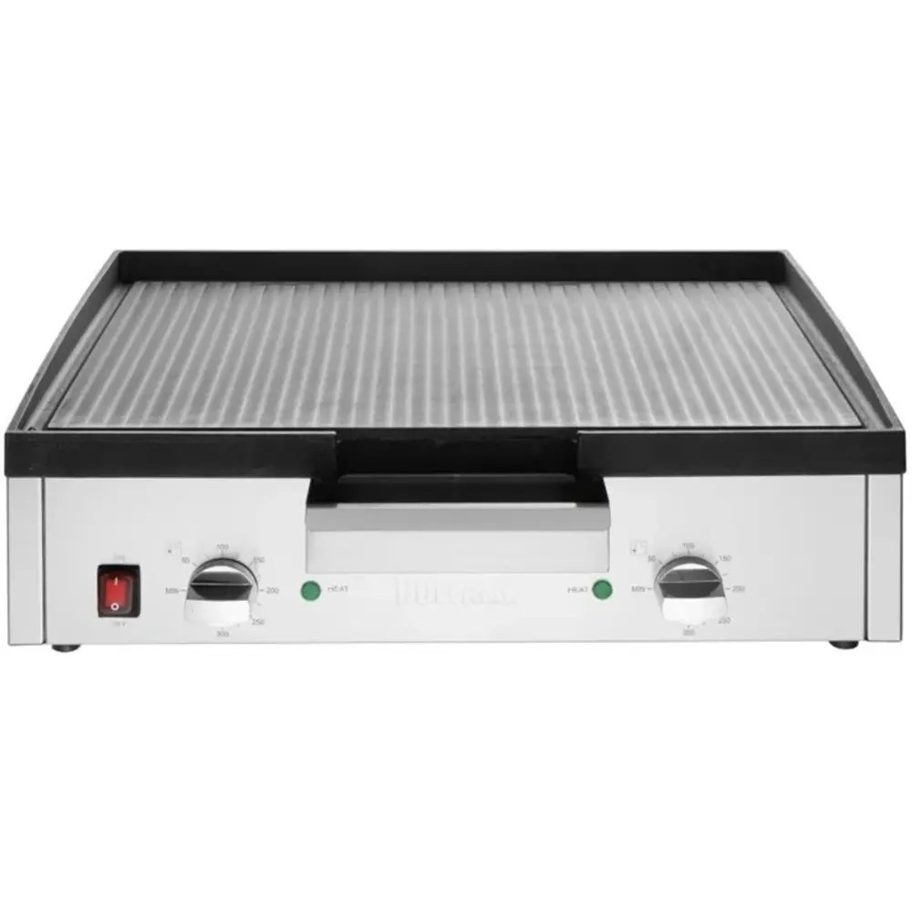 Buffalo Bak-/grillplaat | Elektrisch | Gegroefd Oppervlak 555x264 (gietijzer) | 50°c/300°c | 3kw (230v) | Timer | 615x466x207(h)mm