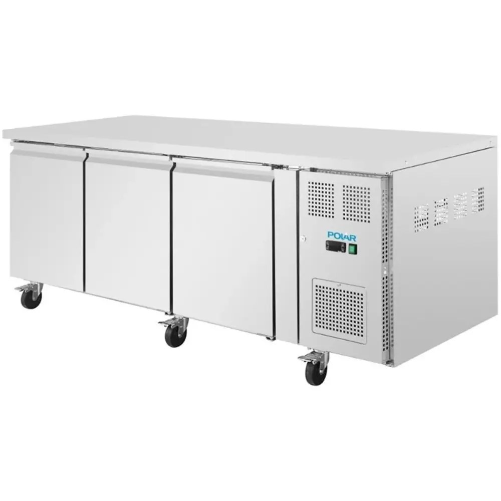 Polar Bakkerij Koelwerkbank | U-serie | Energiezuinig | 634l | 3 Deuren (en600x400) | +2°c/+8°c | Geforceerd | Wielen (geremd) | 2020x800x860(h)mm